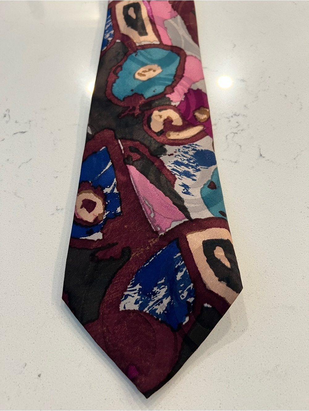 Vintage Cardinale Italian Silk Tie in Abstract Burgundy, Pink and Blue Print